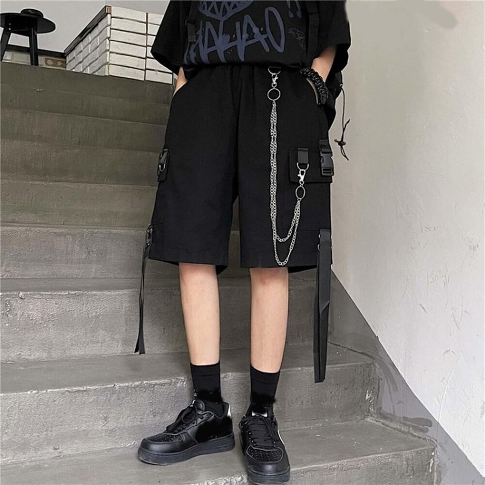 Black Cargo Pants Women Loose Wide-Leg With Chains Street Harajuku View 3